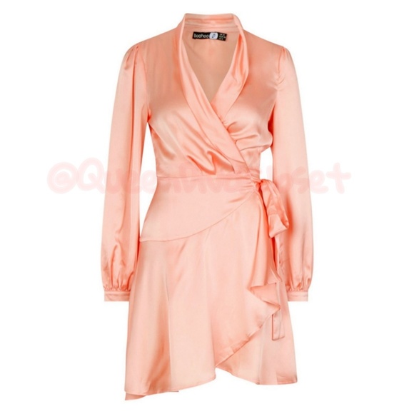 Peach pink coral satin wrap peplum flare dress 12 - Picture 5 of 6